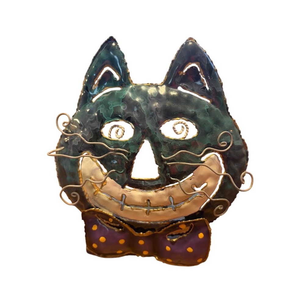 Metal Cat Tea Light Holder Folk Art Grinning Kitty Votive Candle Stand AI0977